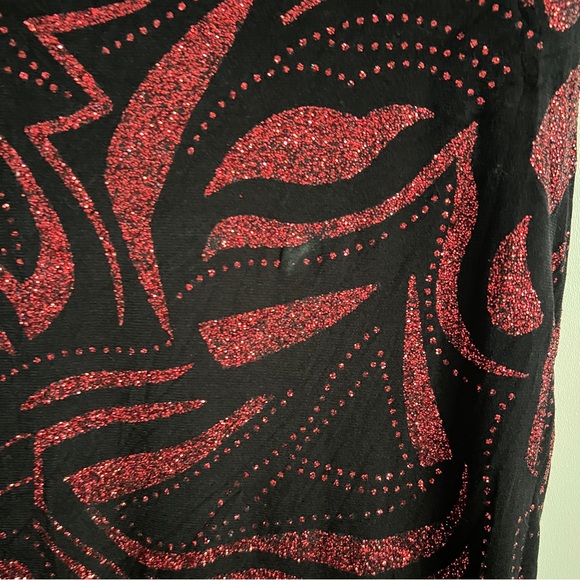 Y2K Black Red Glitter Party Dress Spaghetti Strap Asymmetrical Hem Dress - Picture 9 of 16